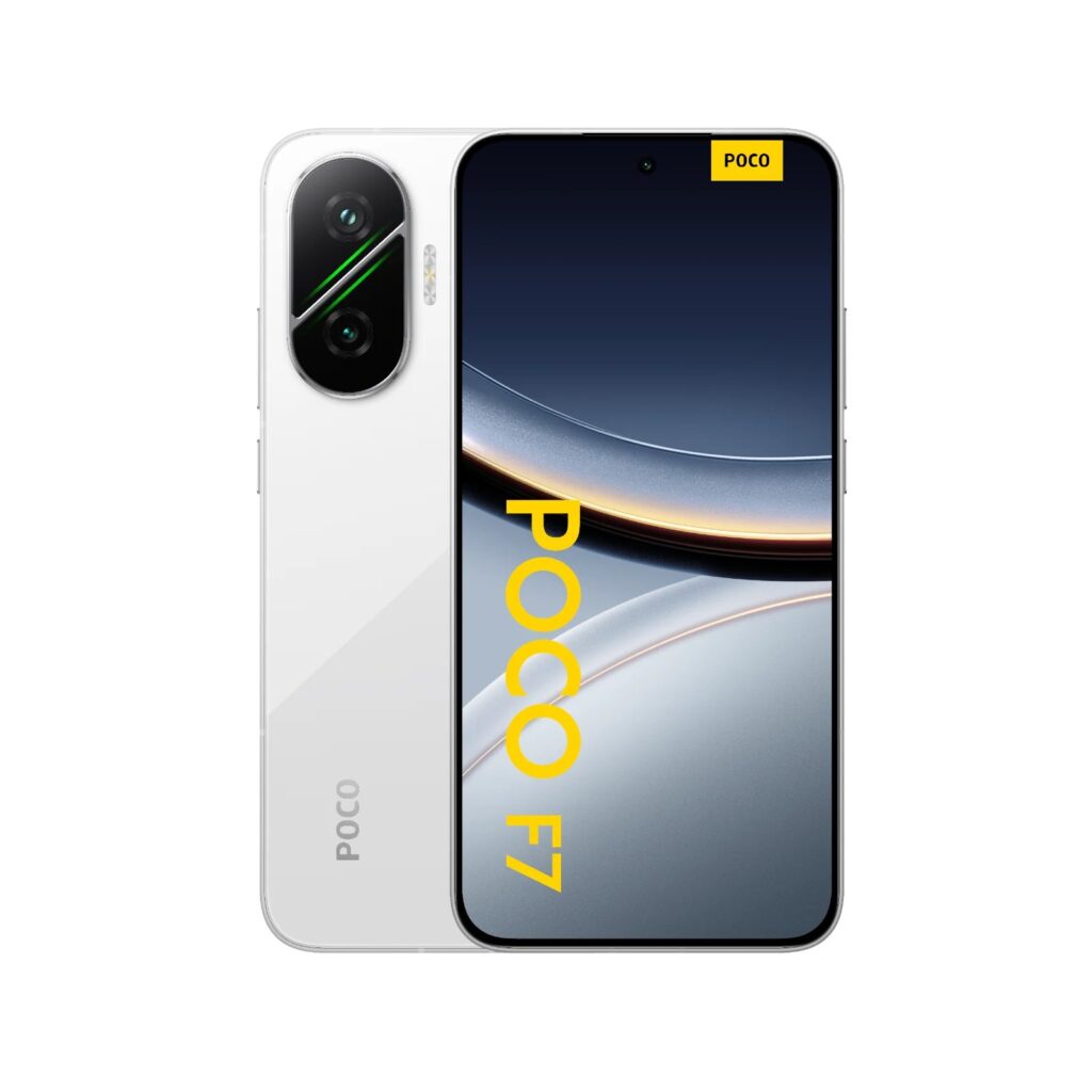 Poco F7 smartphone showcasing front display and rear camera design in white color