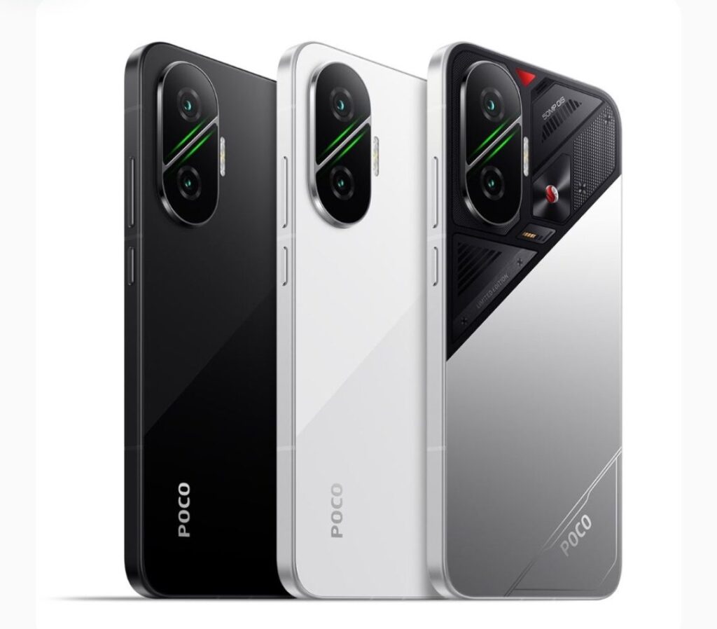 poco f7 Poco F7 smartphone showcasing front display and rear camera design in black and white color