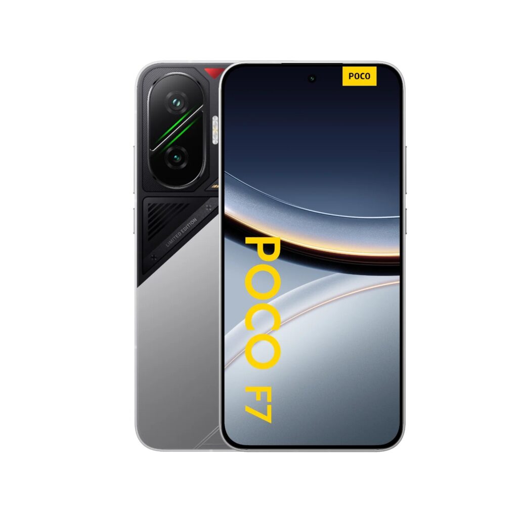 Poco F7 smartphone showcasing front display and rear camera design in black color