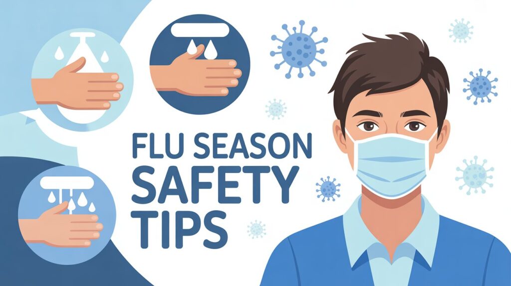 Infographic showing flu season safety tips in modern flat design with blue and white medical theme, including mask illustration, handwashing icons, and virus particle graphics, presented in a clean professional healthcare layout.