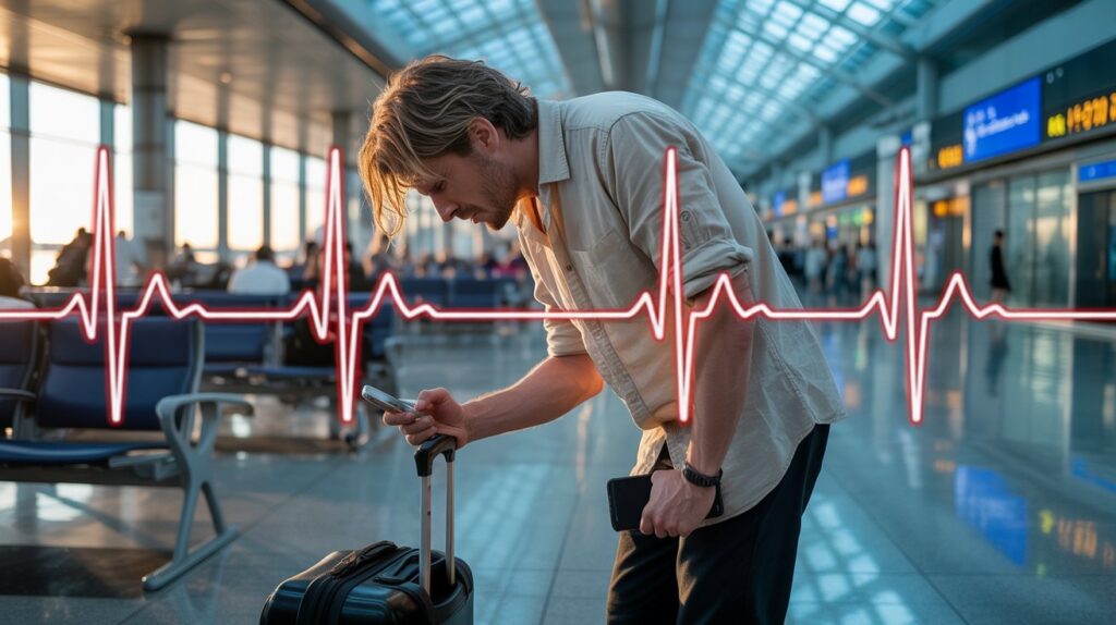 A stressed traveler holding luggage at an airport, with an ECG heartbeat overlay, showing how travel pressure increases heart attack risk during holidays.
