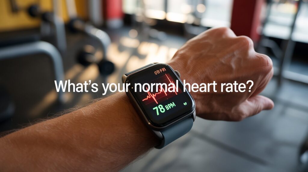 A close-up of a smartwatch screen displaying a realistic heart rate reading with a glowing red pulse waveform, set against a blurred gym environment, with the text “What’s Your Normal Heart Rate?” in a modern, high-resolution design.