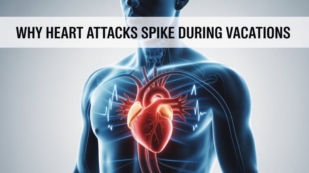 A realistic digital illustration showing a glowing human heart inside a person’s chest, with red and blue heartbeat waves around it, symbolizing stress and cardiovascular risk during vacations.