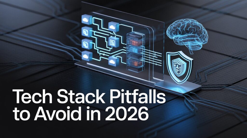Futuristic tech illustration showing cloud computing icons, AI brain graphic, microservices flow diagram, and cybersecurity shield in a blue neon digital interface, designed as a high-resolution header image for a blog about tech stack pitfalls to avoid in 2026.
