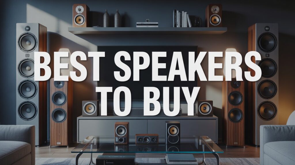 Premium speaker lineup including bookshelf speakers, Bluetooth portable speakers, floorstanding towers, and a soundbar in a modern living room setup.