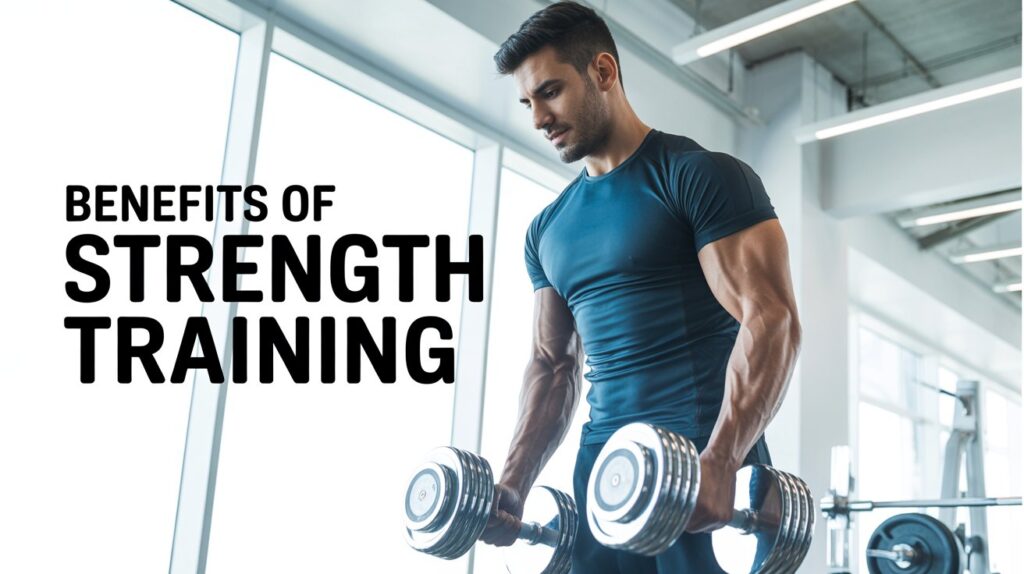 Person lifting dumbbells in a modern gym with bold title ‘Benefits of Strength Training’ displayed on the image.