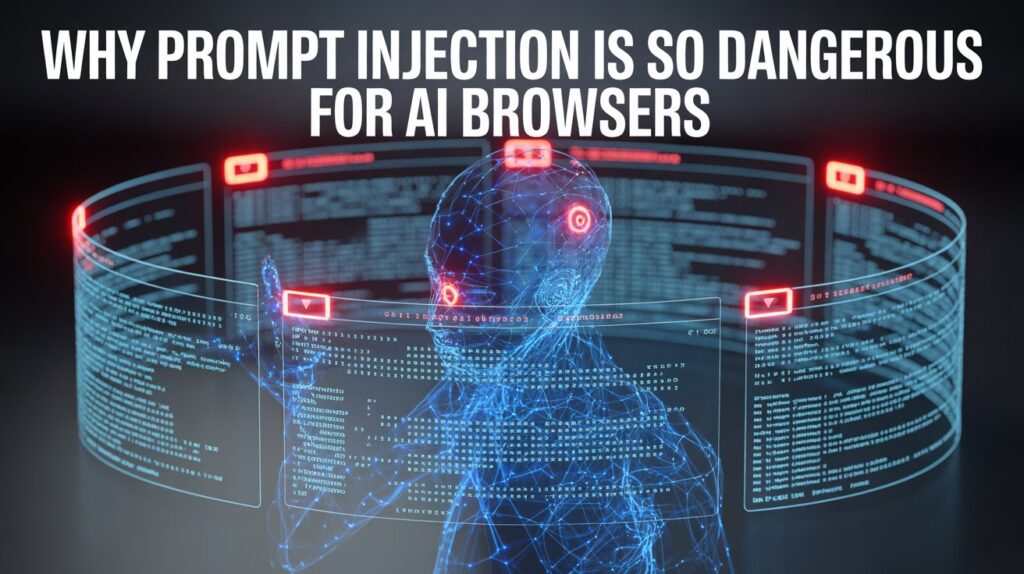 Artificial intelligence system detecting hidden malicious instructions in web content, illustrating how prompt injection attacks target AI browsers