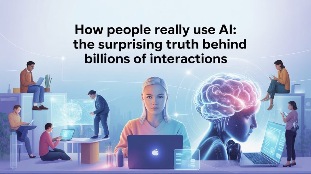 Futuristic illustration showing people interacting with artificial intelligence through laptops and smartphones, with glowing neural networks