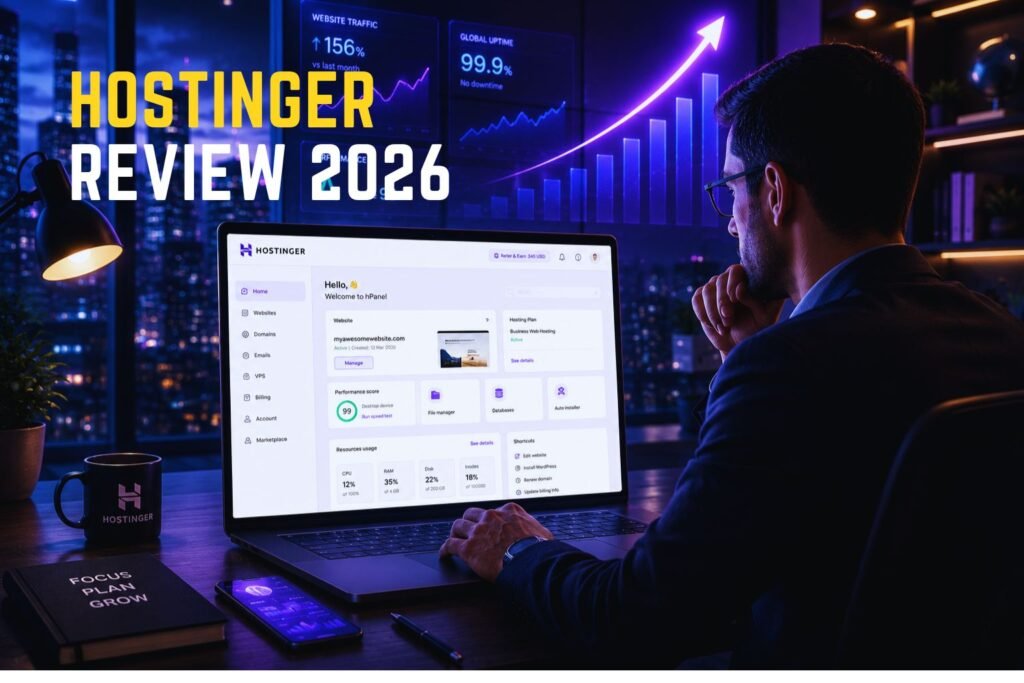 Hostinger review 2026 showing hPanel dashboard, website hosting analytics, performance monitoring, and digital marketing growth metrics
