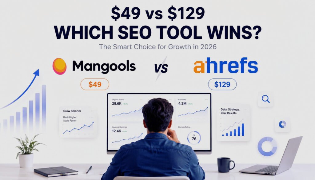 Mangools vs Ahrefs 2026 comparison showing a marketer analyzing SEO dashboards, pricing differences, keyword research tools, backlink metrics, and organic growth performance