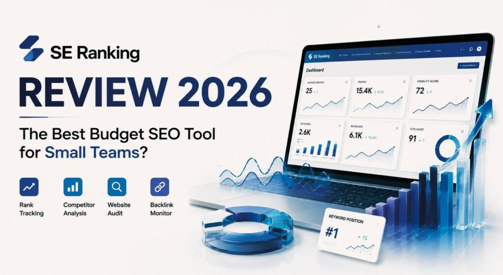 SE Ranking review 2026 showing SEO dashboards, analytics charts, and growth metrics for small teams