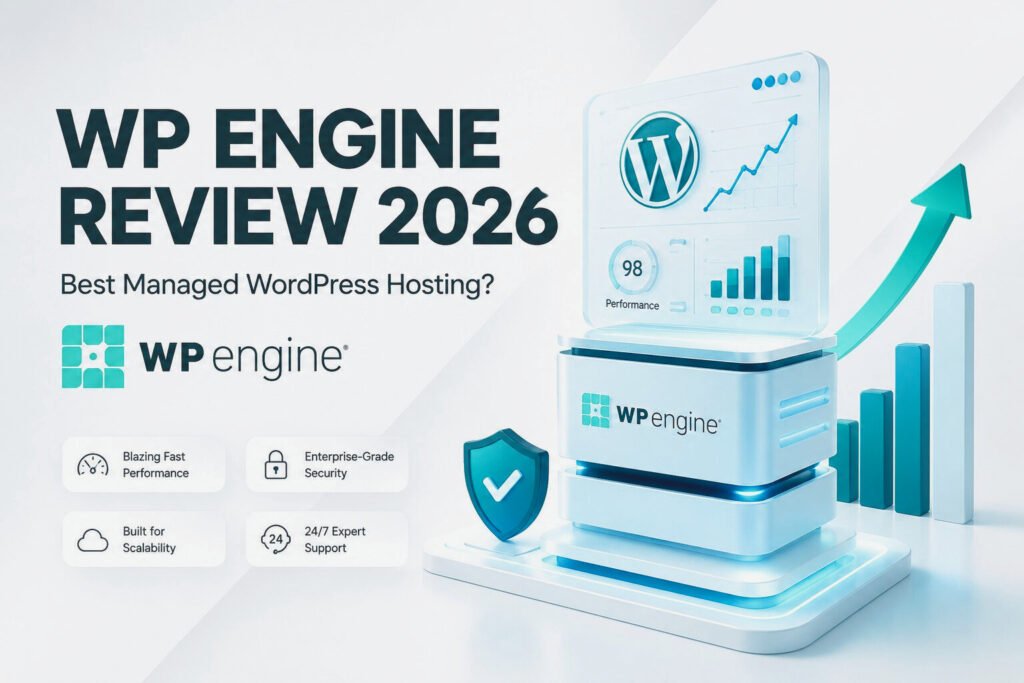 WP Engine Review 2026 dashboard illustration showcasing managed WordPress hosting performance, security, scalability, and expert support