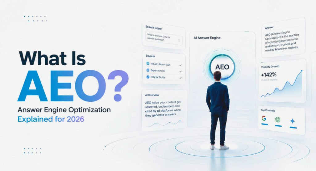 What Is AEO? Answer Engine Optimization explained for 2026 with AI answer engine, search intent, sources, and visibility concepts