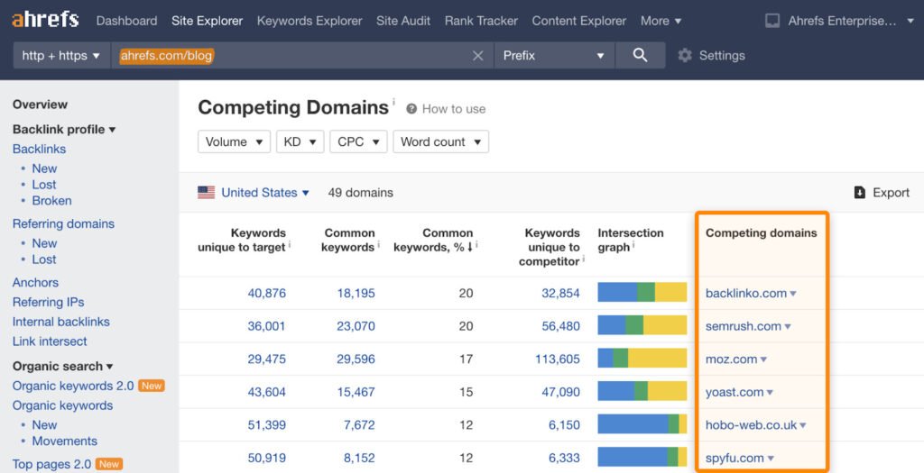 Ahrefs competitor keyword analysis dashboard showing competitor rankings, organic keywords, traffic estimates, keyword difficulty, and content gap opportunities