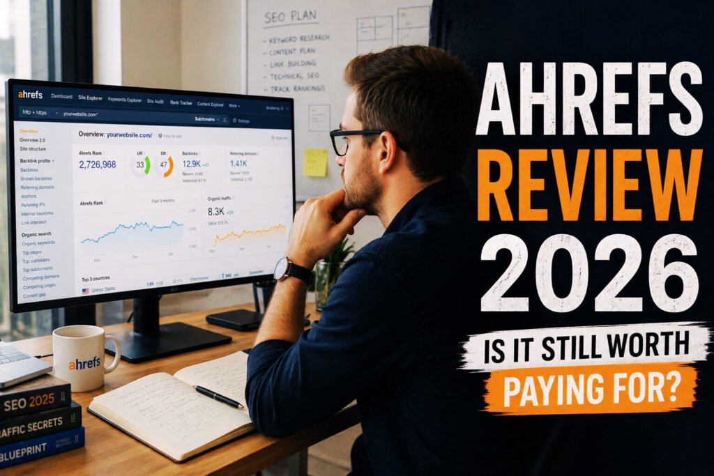 Ahrefs Review 2026 featured image showing a digital marketer analyzing SEO dashboards, backlink data, AI-powered analytics, and rising growth charts in a futuristic workspace, highlighting backlink research, rank tracking, and organic traffic growth.