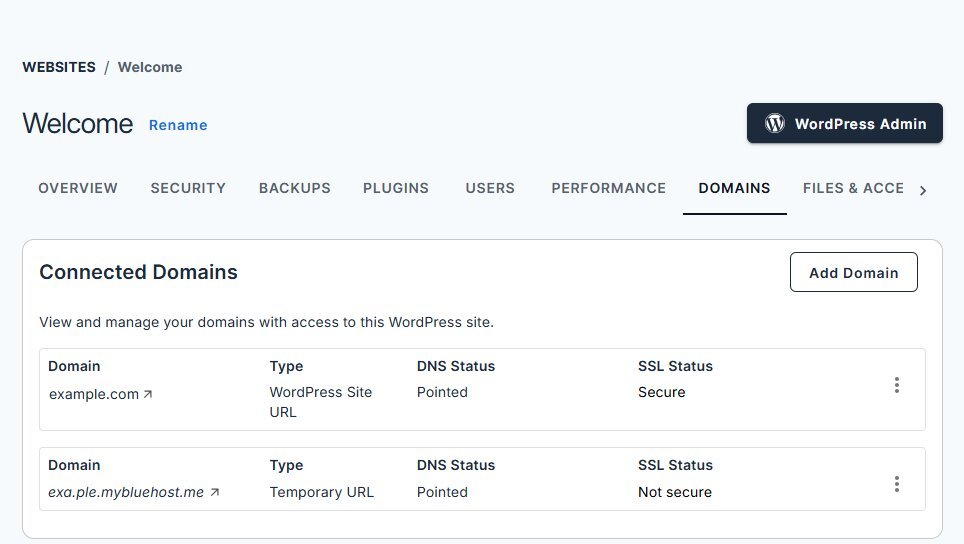 Websites tab inside Bluehost hosting dashboard for managing websites