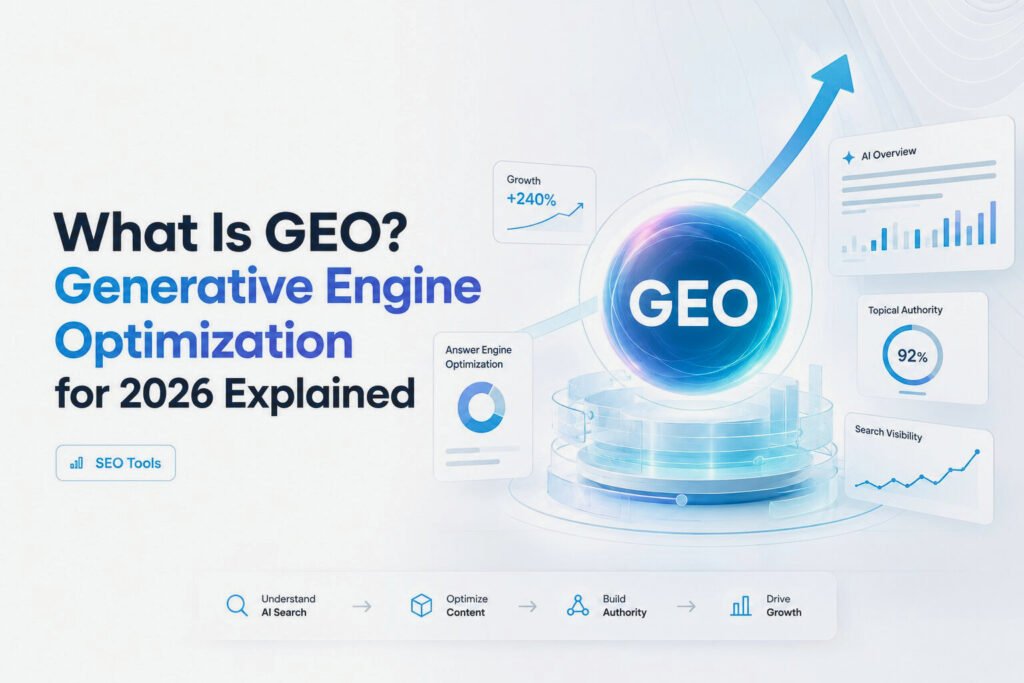 Generative Engine Optimization 2026 infographic illustrating GEO, AI search optimization, topical authority, AI Overviews, and search visibility growth