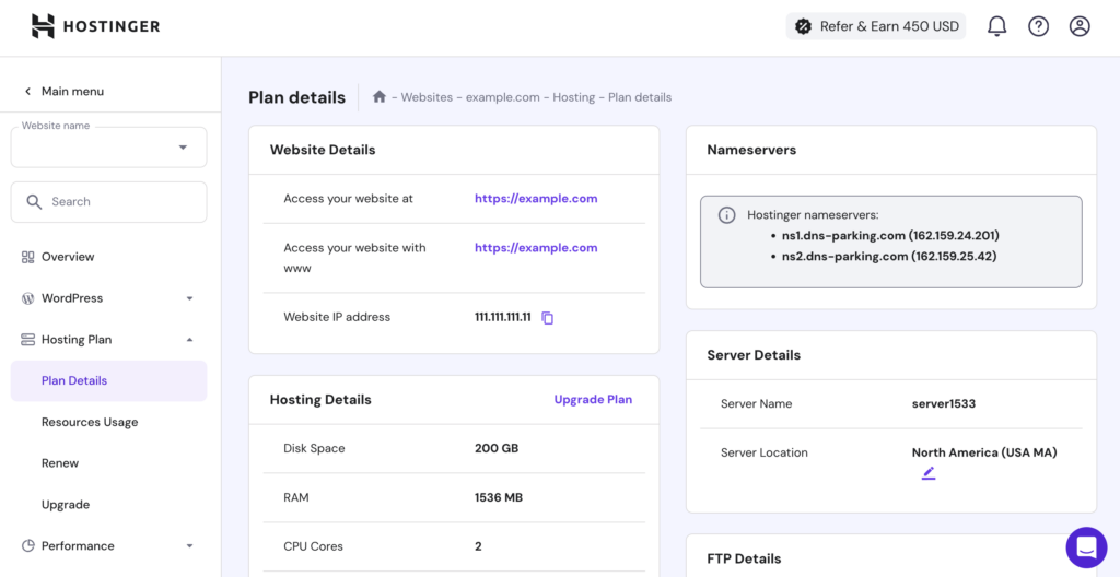 Hostinger hPanel dashboard showing website management tools, hosting settings, performance metrics, domains, emails, and account controls