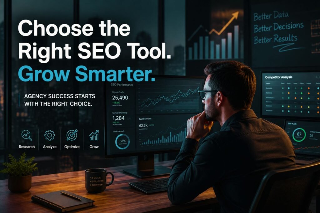 How to choose SEO tool agency in 2026, marketer comparing SEO tools for agencies using analytics dashboards and growth data