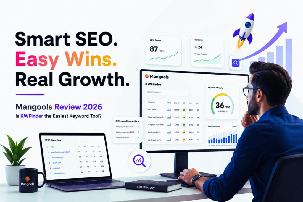 Mangools Review 2026 dashboard showcasing KWFinder keyword research, SEO analytics, keyword difficulty scores, and organic growth insights