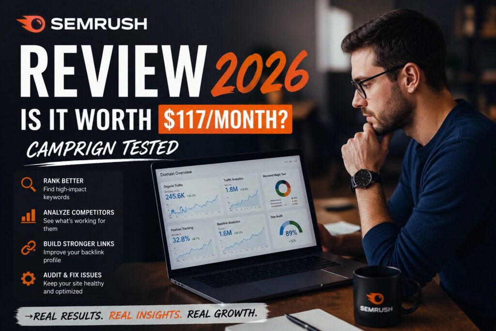 Semrush Review 2026 hero image featuring a digital marketer analyzing SEO dashboards, competitor research metrics, backlink analytics, and traffic growth charts in a futuristic workspace, highlighting whether Semrush is worth $117 per month.