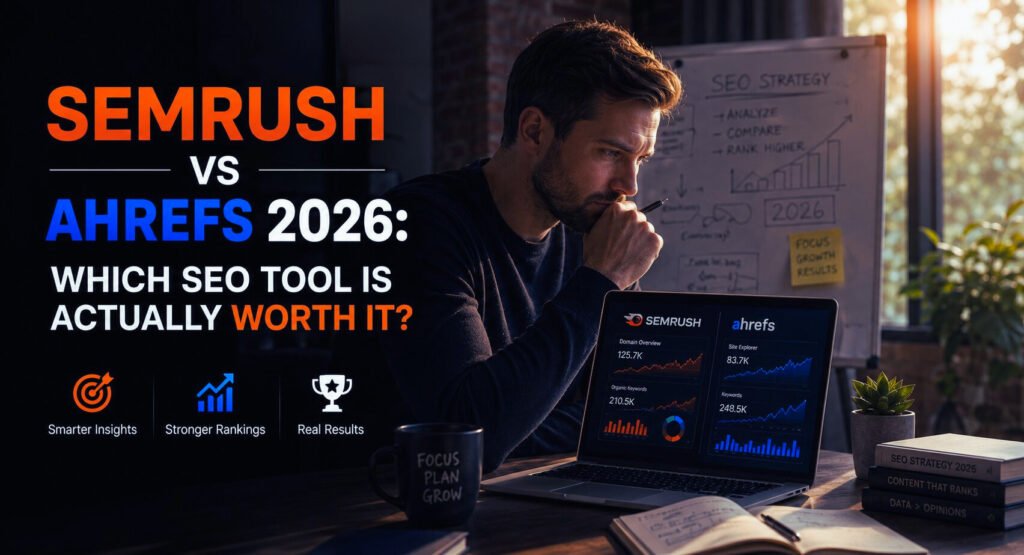 A focused SEO strategist reviewing Semrush and Ahrefs dashboards on a laptop in a modern workspace, representing a real comparison of Semrush vs Ahrefs 2026 for growth.