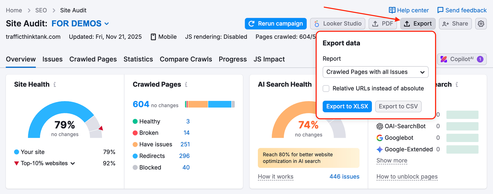 Semrush Site Audit dashboard showing website health score, technical SEO issues, and optimization recommendations for improved site performance