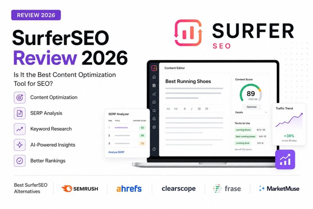 Surfer SEO tool interface and logo displayed on a clean white minimalist background