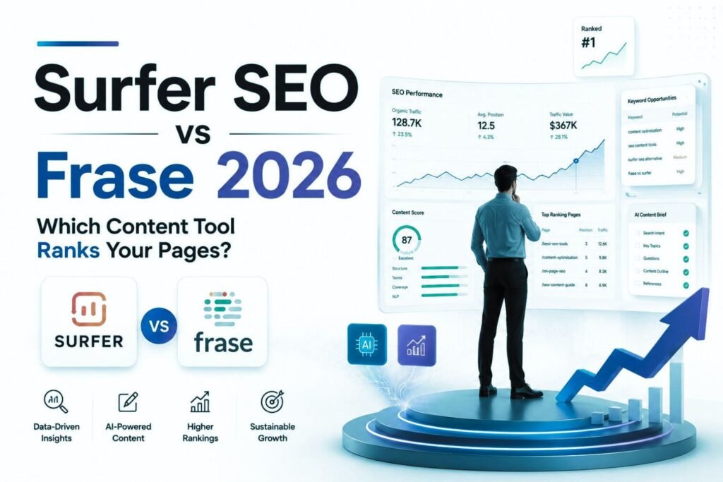 SurferSEO vs Frase 2026 comparison showing a digital marketer analyzing SEO dashboards, AI content optimization metrics, ranking data, and growth analytics to determine which content tool ranks pages better.
