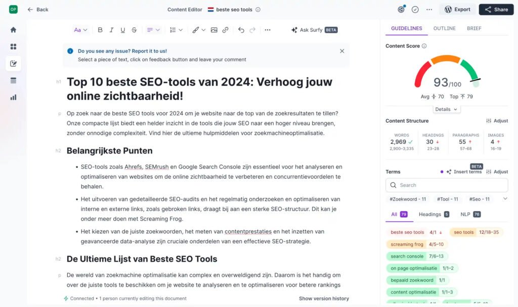 SurferSEO Content Editor showing content score, keyword recommendations, NLP terms, and on-page SEO optimization suggestions