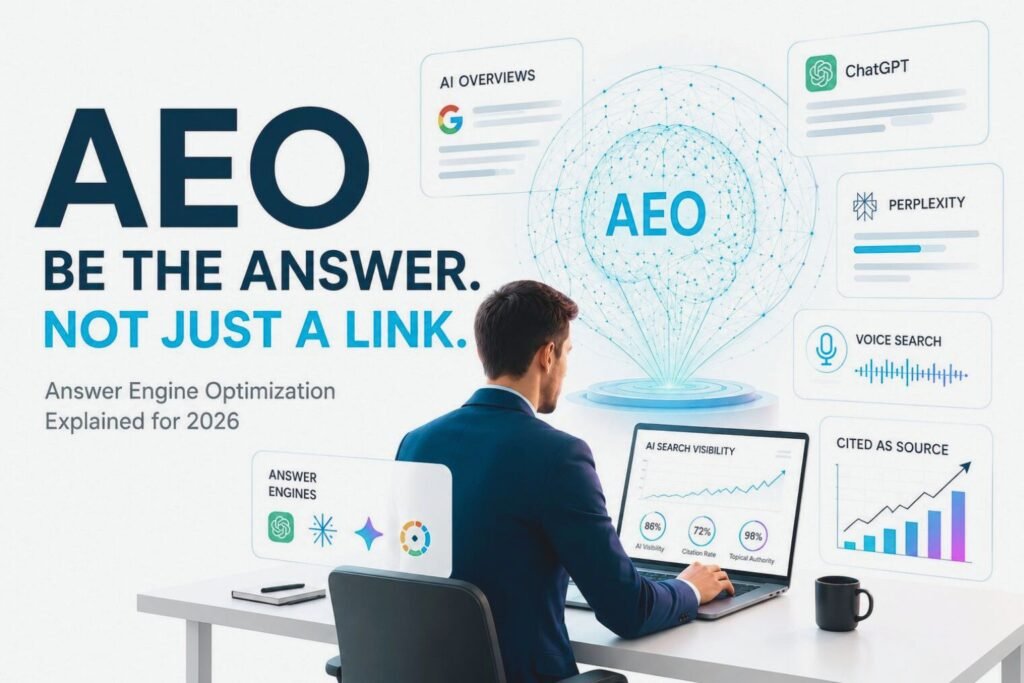 What is Answer Engine Optimization 2026 visual showing AI search visibility across ChatGPT, Google AI Overviews, Perplexity, and voice search platforms with citation growth analytics.