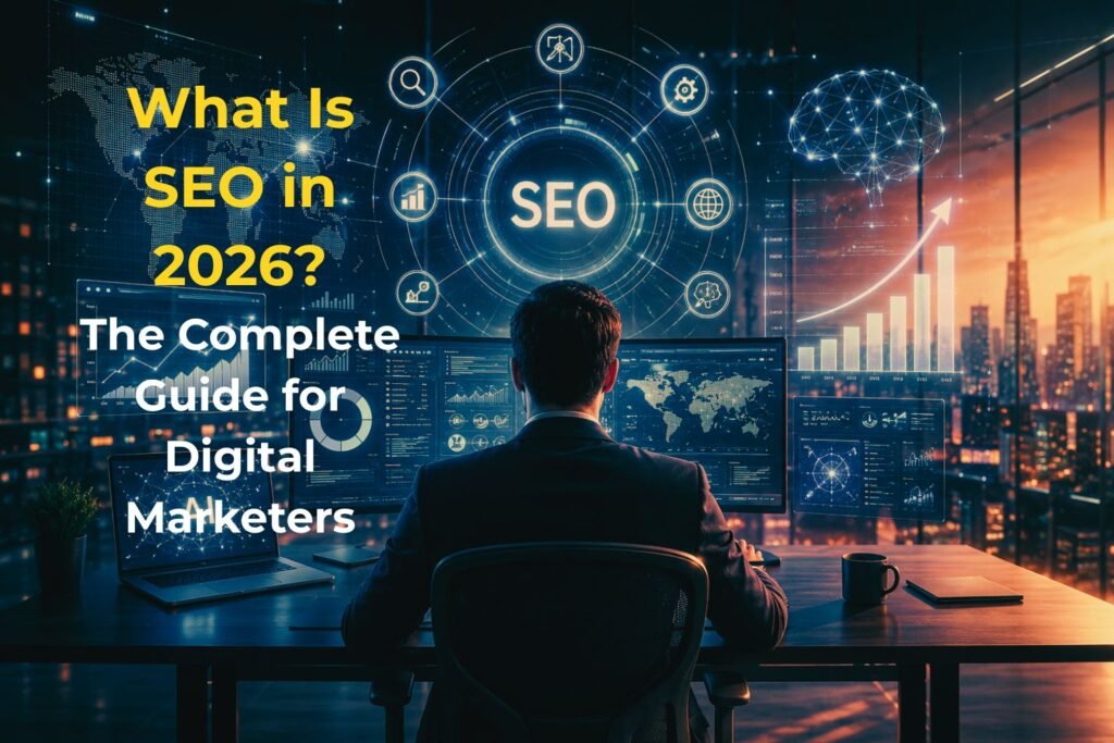 What Is SEO in 2026 visual featuring AI-powered search optimization, digital marketing analytics dashboards, data intelligence, and organic growth strategy in a futuristic business environment
