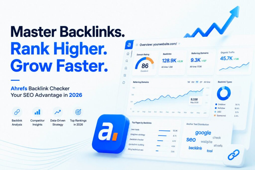Ahrefs Backlink Checker 2026 dashboard showing backlink analysis, referring domains, Domain Rating, SEO analytics, and growth insights for modern SEO strategy.