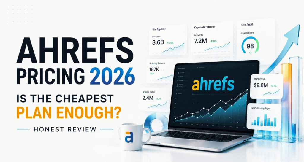 Ahrefs Pricing 2026 hero image featuring an SEO analytics dashboard, growth charts, and AI-powered digital marketing visuals on a clean white background.