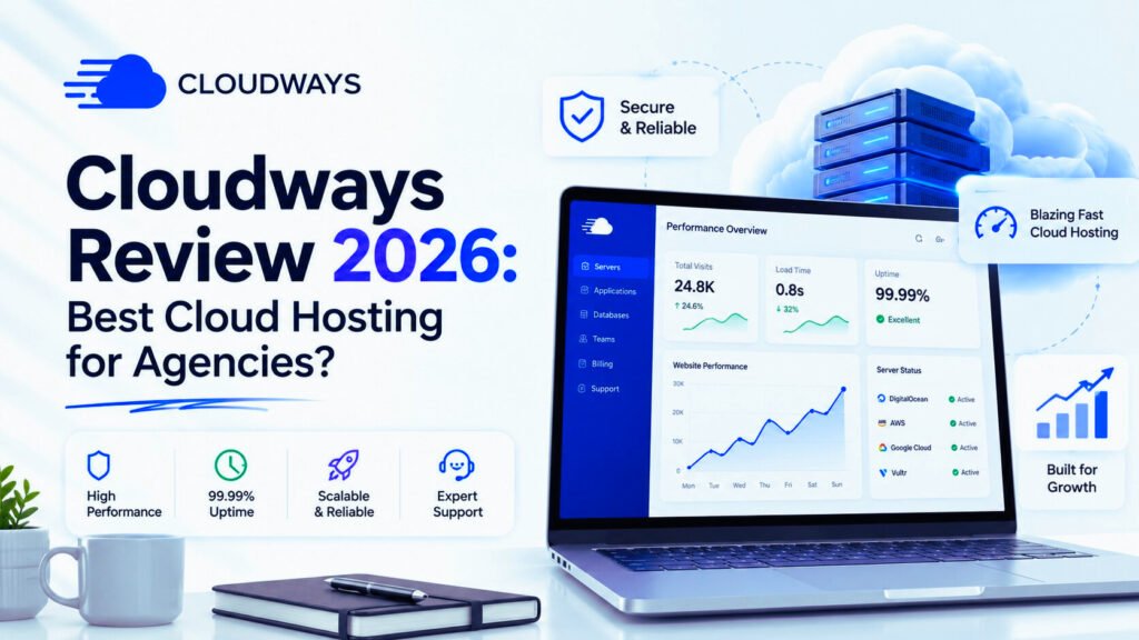 Cloudways Review 2026 hero image showing a modern cloud hosting dashboard, business analytics, and scalable infrastructure for agencies.