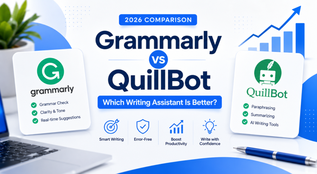 Grammarly vs QuillBot 2026 comparison showing AI writing assistant features, grammar checking, and paraphrasing tools.