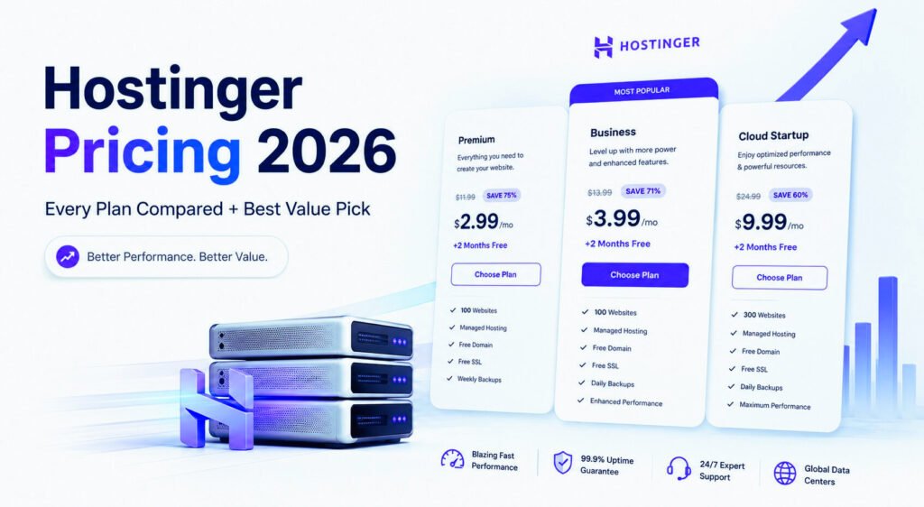 Hostinger pricing 2026 comparison showing Premium, Business, and Cloud Startup hosting plans with pricing, features, and best value recommendation.