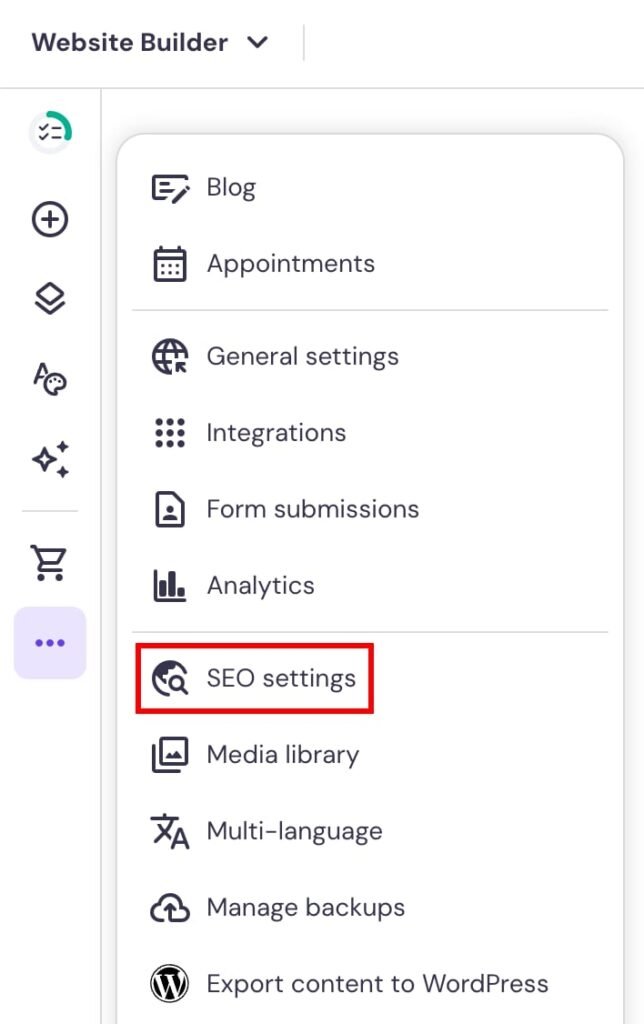 Hostinger SEO settings dashboard in Website Builder showing the SEO settings option for optimizing website search visibility.