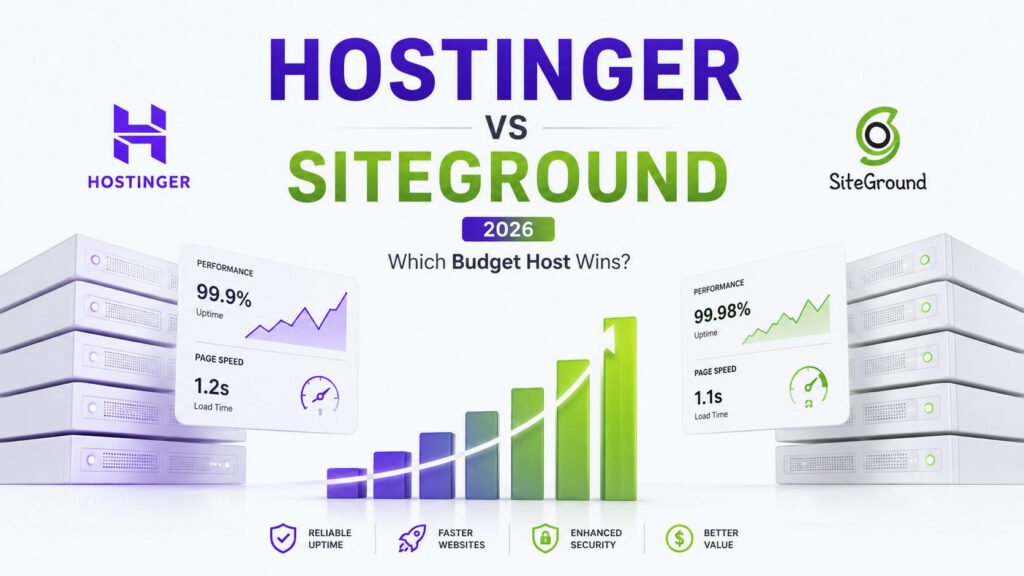Hostinger vs SiteGround 2026 comparison showing pricing, performance, uptime, page speed, and hosting features to help choose the best budget web hosting provider.