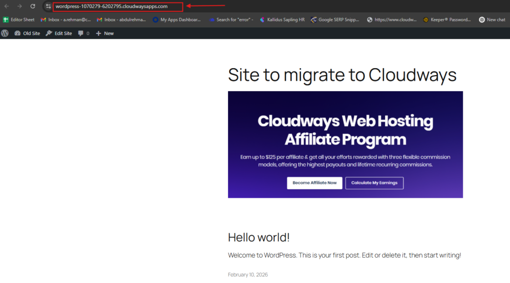 Cloudways website migration tool showing a temporary application URL for migrating an existing WordPress site to Cloudways managed cloud hosting.