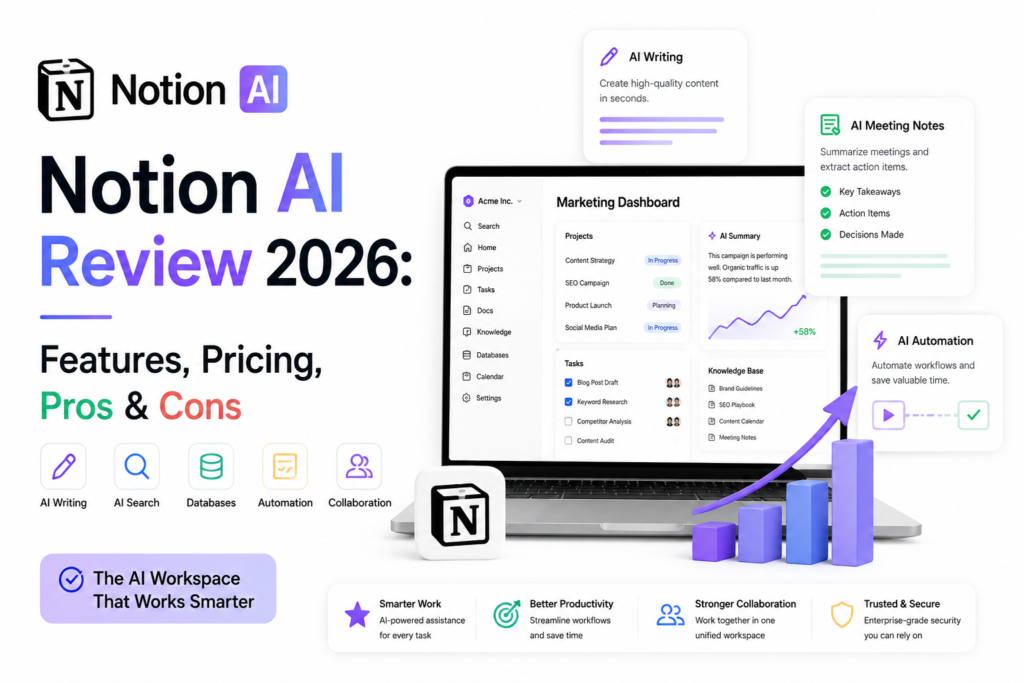 Notion AI Review 2026 highlighting AI workspace features, pricing, automation, and productivity tools for businesses