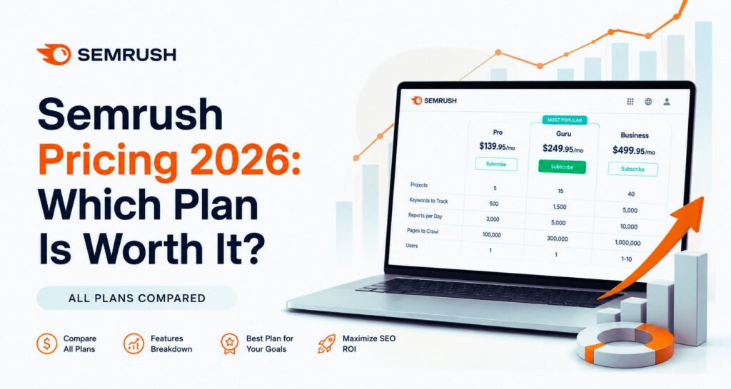 Semrush Pricing 2026 comparison showing Pro, Guru, and Business plans with pricing dashboard and SEO growth analytics
