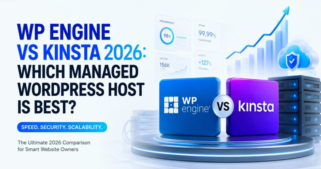 WP Engine vs Kinsta 2026 comparison showing managed WordPress hosting performance, security, speed, and scalability