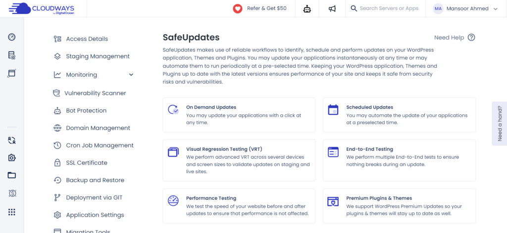 Cloudways SafeUpdates dashboard displaying automated WordPress updates, security testing, backups, and performance features for managed cloud hosting.