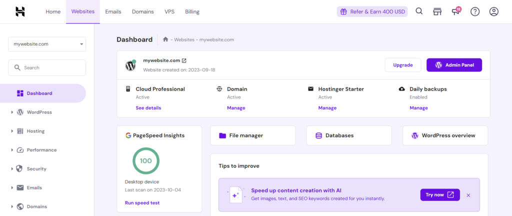 Hostinger hPanel dashboard displaying WordPress management, hosting settings, PageSpeed Insights, daily backups, file manager, and website performance tools in 2026.