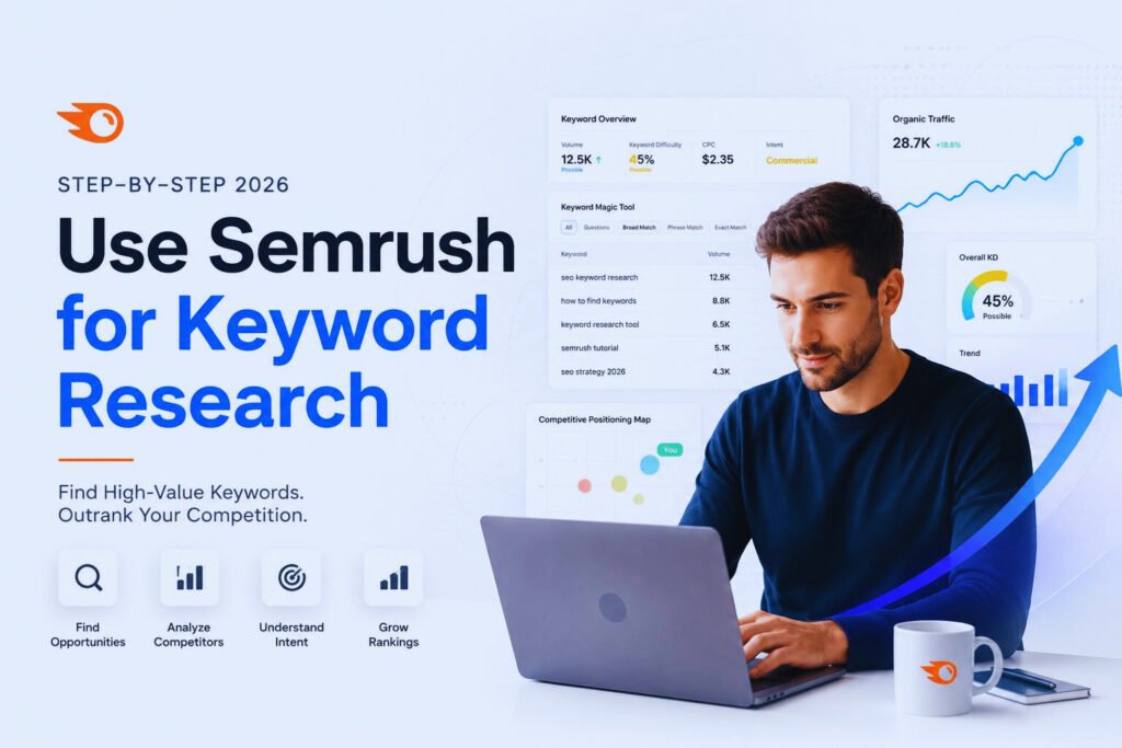 How to use Semrush keyword research 2026 with Keyword Magic Tool, competitor analysis, search intent, and SEO strategy dashboard