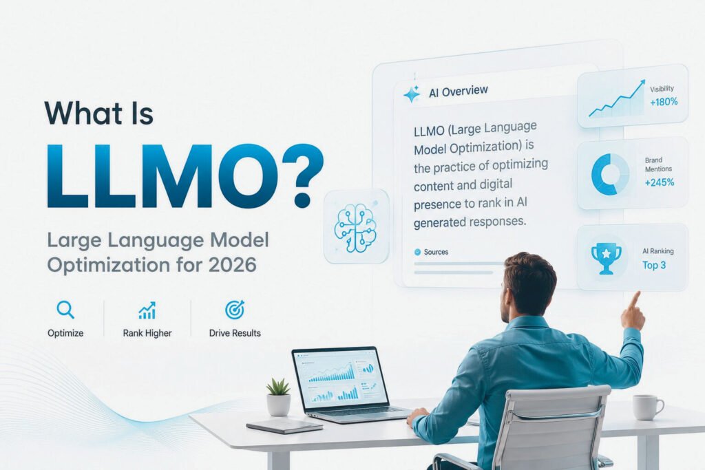 Large language model optimization 2026 hero image showing an AI marketer analyzing content performance, LLM dashboards, and SEO growth metrics on a clean white background.