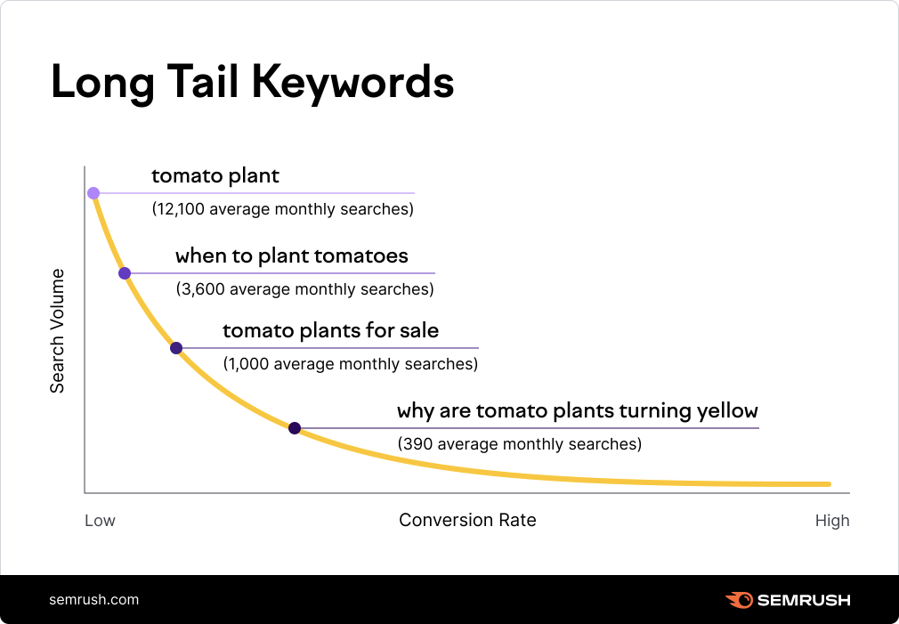 Long-tail keywords chart showing how lower search volume keywords often have higher conversion rates and stronger search intent for SEO.
