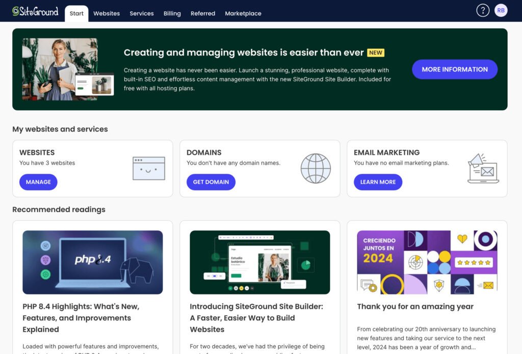 SiteGround Site Tools dashboard showing website management, domains, email marketing, backups, and WordPress hosting features in 2026.