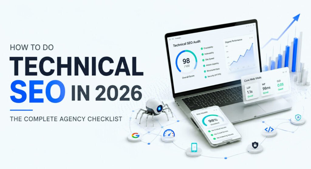 Technical SEO checklist 2026 showing AI-powered website audit dashboard, analytics, Core Web Vitals, and growth metrics on a clean white background.